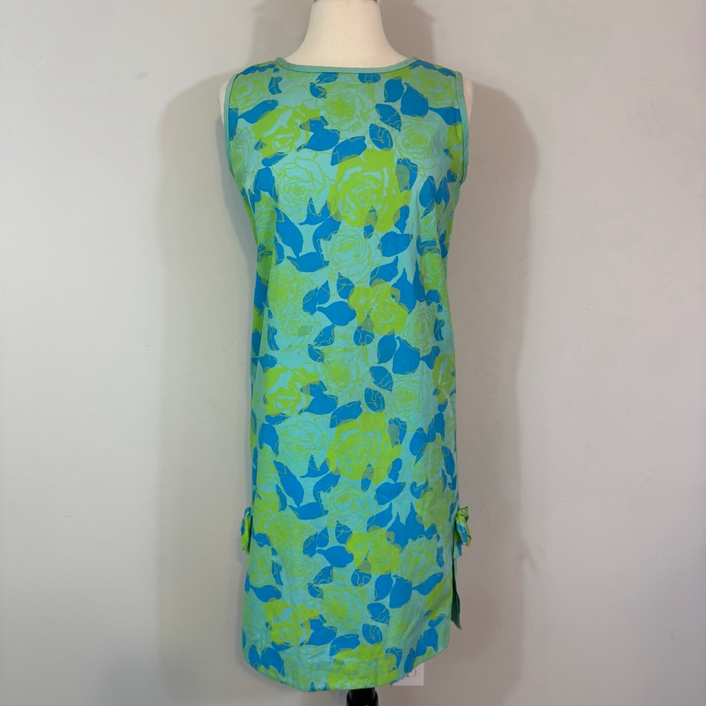 LILLY PULITZER Vtg Early 60’s Shift Dress Side Tie 100% Cotton Blue Green Floral - Picture 5 of 9